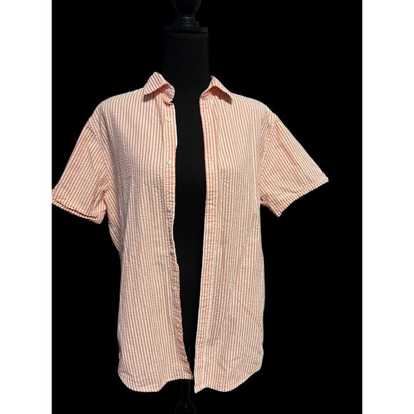 Denim & Flower Striped Short Sleeve Button-Up Shirt Men Orange/White Seersucker - Picture 2 of 7